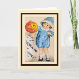 Criança com cartão de Jack O' Lantern de Halloween