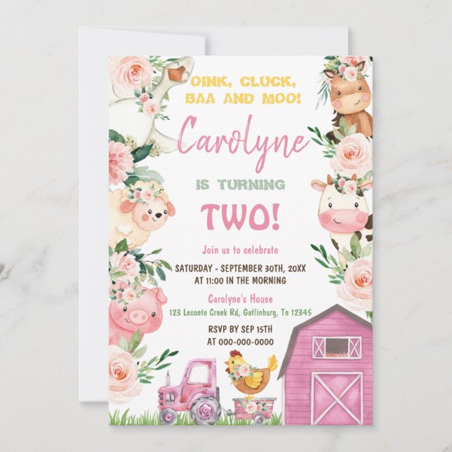 Criança de Animais de Fazenda Menina Rosa Convite  (Frente)