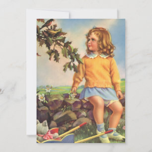 Criança Vintage, Garota observando pássaros na árv