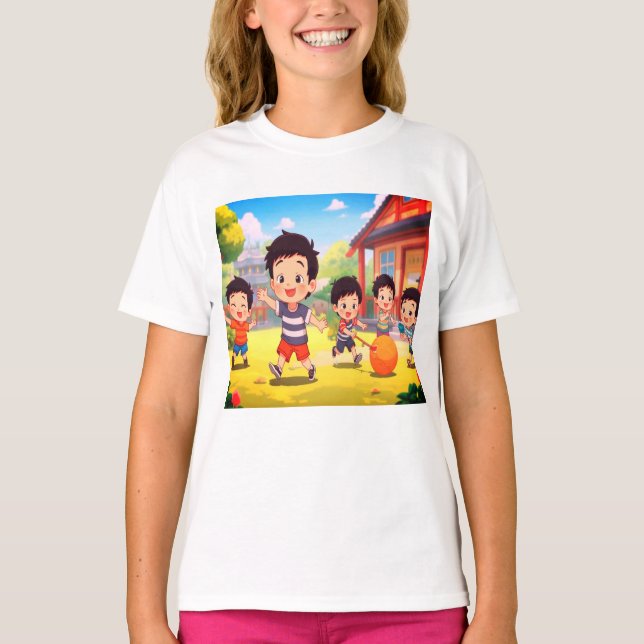 Crianças Brincando no Quintal em uma camiseta bran (Frente)