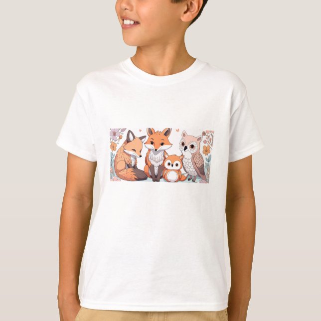Crianças Camiseta Animal - Raposa e Coruja (Frente)