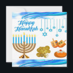 Crianças divertidas moedas de cartão Chanukah sonh<br><div class="desc">Este é um cartão chanukah giro para crianças com menorah,  moedas de ouro e sonhos com cores felizes em branco. A parte de trás do cartão é azul bonito e macio.</div>