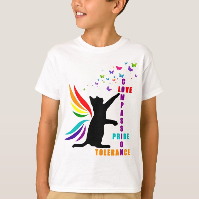 Crianças Rainbow Pride Cat e borboleta T-Shirt (Frente)