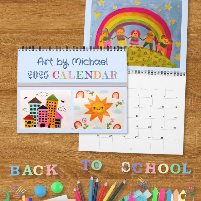 Crie seu próprio calendário de arte azul do meu fi (Blue Kid's artwork 2025 calendar where you can add your own kid's paintings and drawings.)