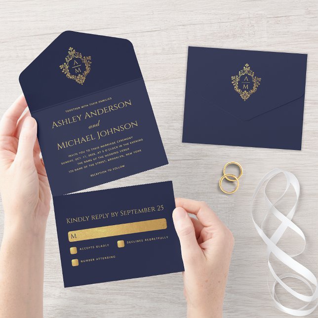 Crista Naval Azul Dourado Falso Monograma Elegante (Criador carregado)