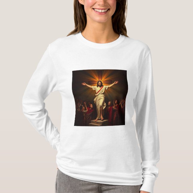 Cristo é a Camiseta de Longa Folha das Mulheres Ri (Frente)