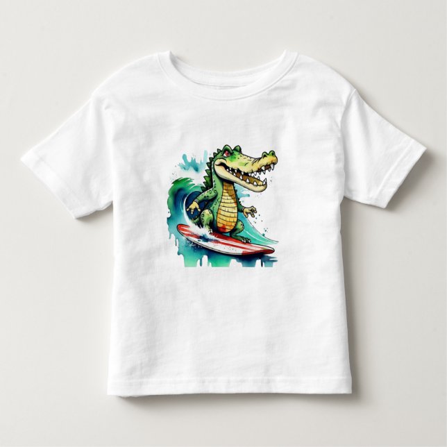 Crocodilo engraçado surfando T-Shirt (Frente)