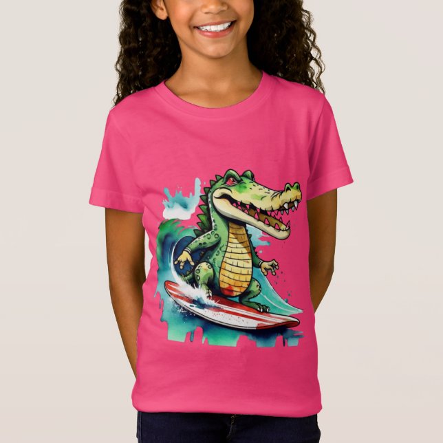 Crocodilo engraçado surfando T-Shirt (Frente)