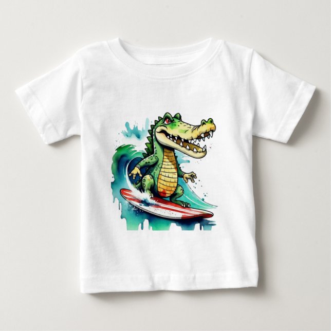 Crocodilo engraçado surfando T-Shirt (Frente)