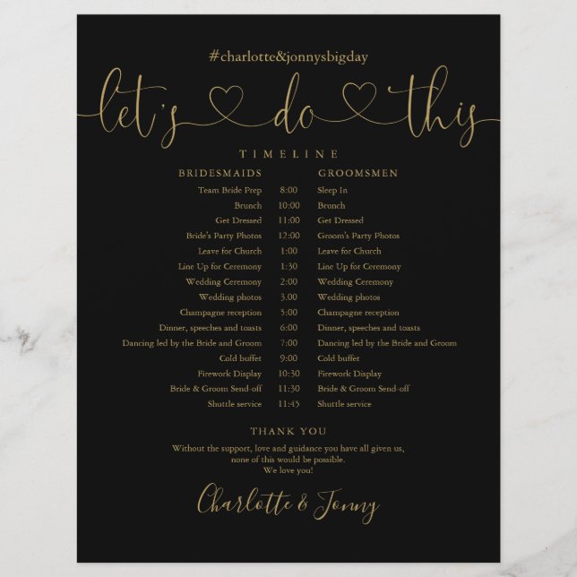 Cronograma de Casamento Black Gold Heart Script (Frente)