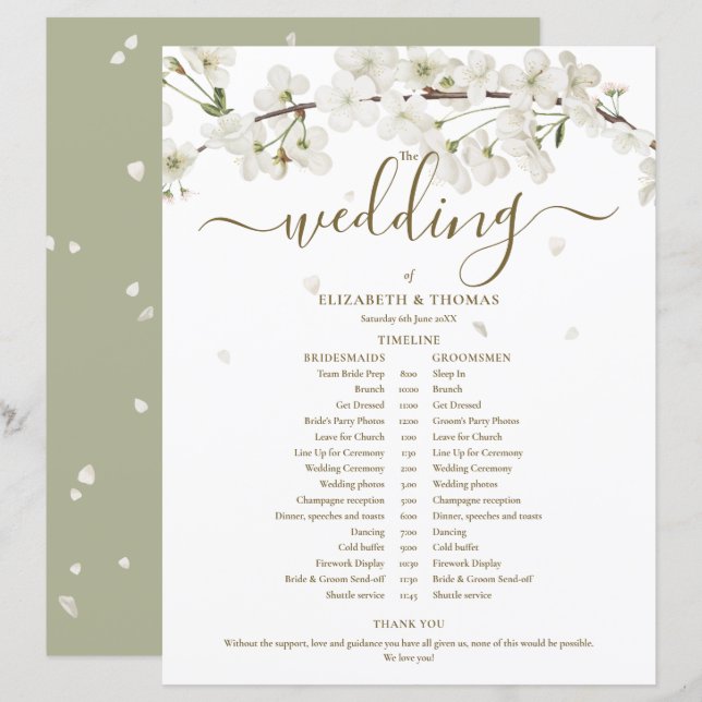Cronograma de Casamento Blossom Floral Script (Frente/Verso)