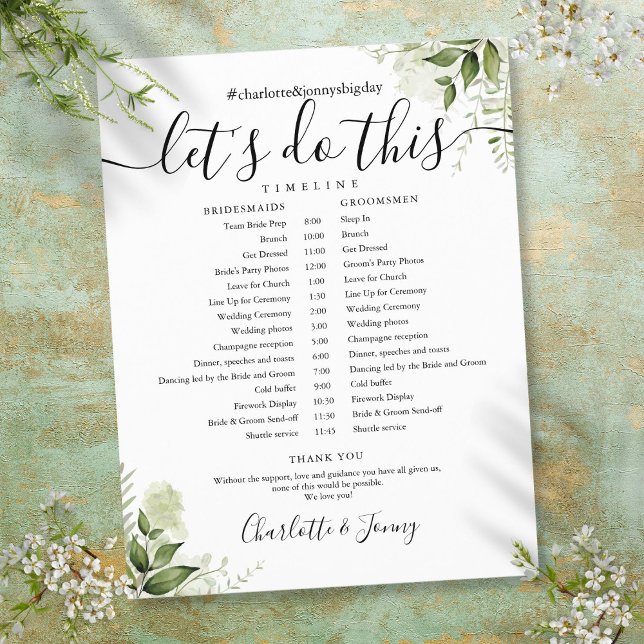 Cronograma de Casamento com Folhas de Verdura Rote (Greenery Leaves Script Wedding Schedule Timeline)