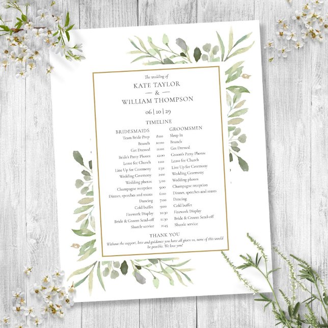 Cronograma de Casamento com Vegetação em Aquarela (Watercolor Greenery Wedding Schedule Timeline)
