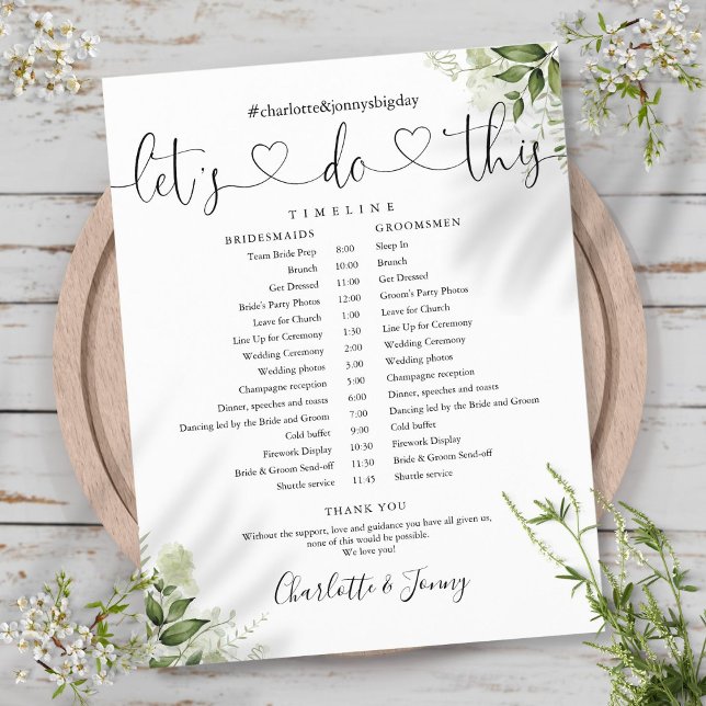 Cronograma de Casamento de Folhas de Verdor (Greenery Leaves Script Wedding Schedule Timeline)