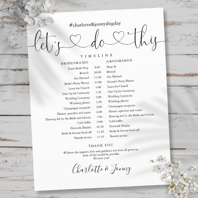 Cronograma de Casamento de Script Preto e Branco (Black And White Script Wedding Schedule Timeline)