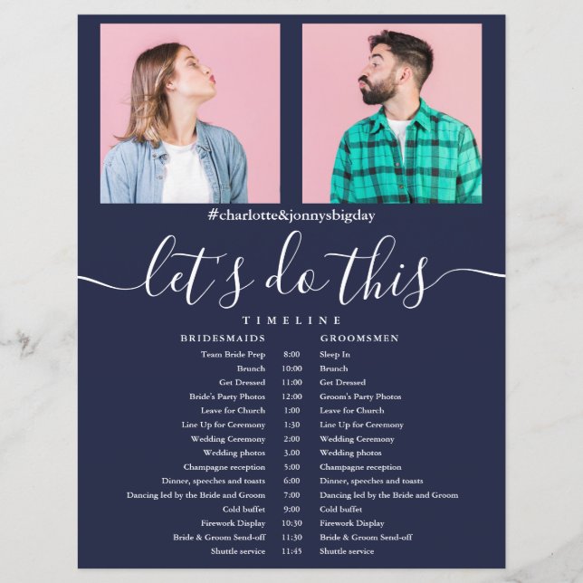 Cronograma de casamento em letra de foto azul mari (Frente)