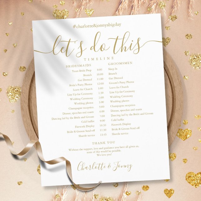 Cronograma de Casamento em Letra Dourada Elegante (Elegant Gold Script Wedding Schedule Timeline)