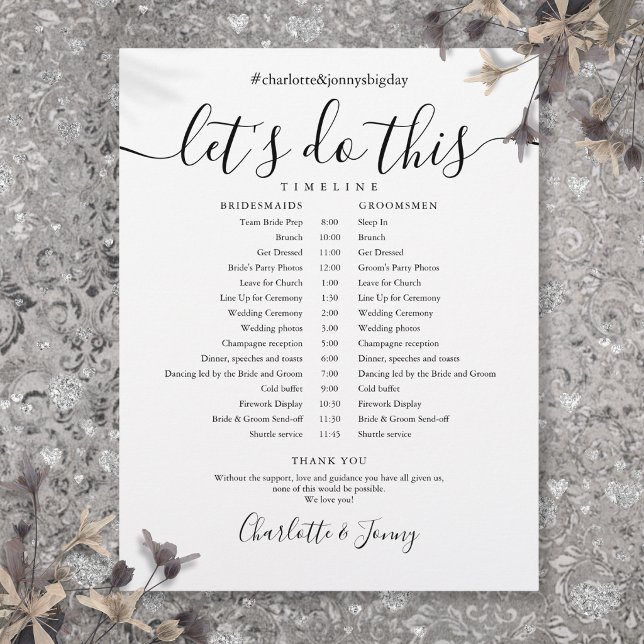Cronograma de Casamento em Letra Preta e Branca (Black and White Script Wedding Schedule Timeline)