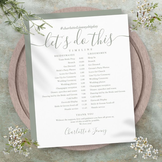 Cronograma de Casamento em Roteiro Verde Sage (Sage Green Script Wedding Schedule Timeline)