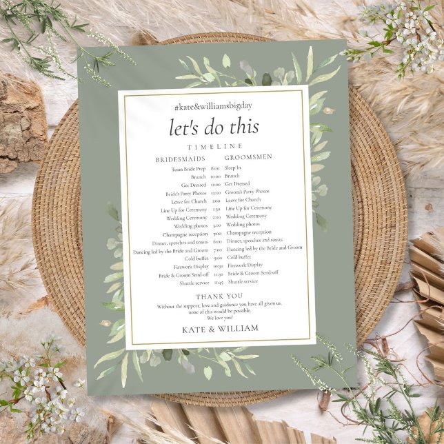 Cronograma de Casamento Folhagem Verde Sábio Linha (Sage Greenery Foliage Wedding Schedule Timeline)