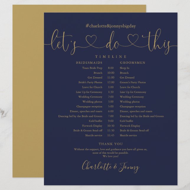 Cronograma de Casamento Navy Gold Heart Script (Frente/Verso)