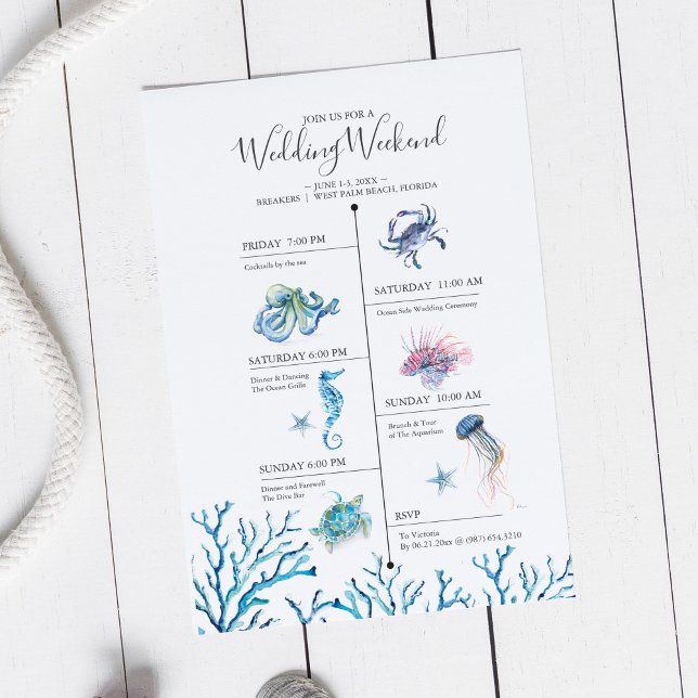 Cronograma de Fim de Semana de Casamento na Praia  (Wedding weekend illustrated itinerary invitation watercolor ocean creatures Victoria Grigaliunas )