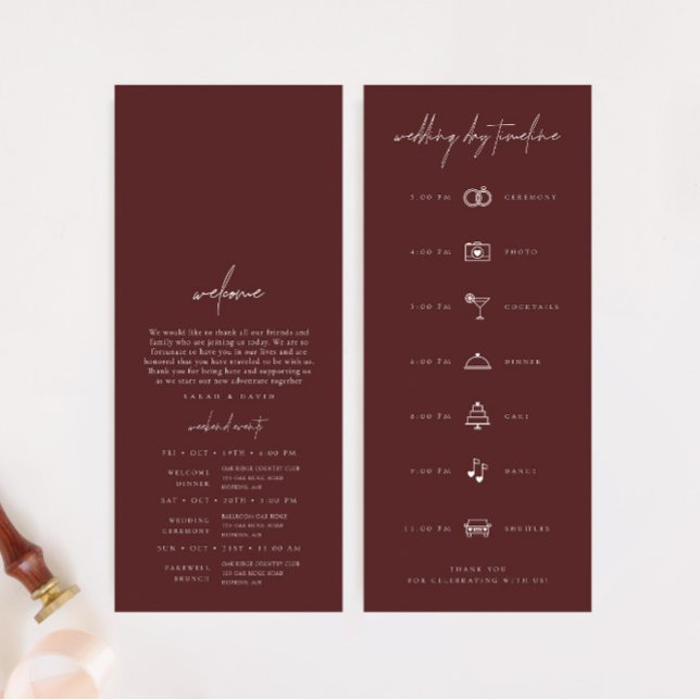 Cronograma do Dia Moderno do Casamento Boho Burgun (Boho Burgundy Modern Wedding Day Timeline)