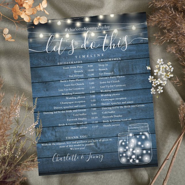 Cronograma do Programa de Casamento das Luzes Russ (Blue Rustic String Lights Wedding Program Timeline)