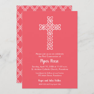 Cross on Bright Coral Baptism, Christening Invites