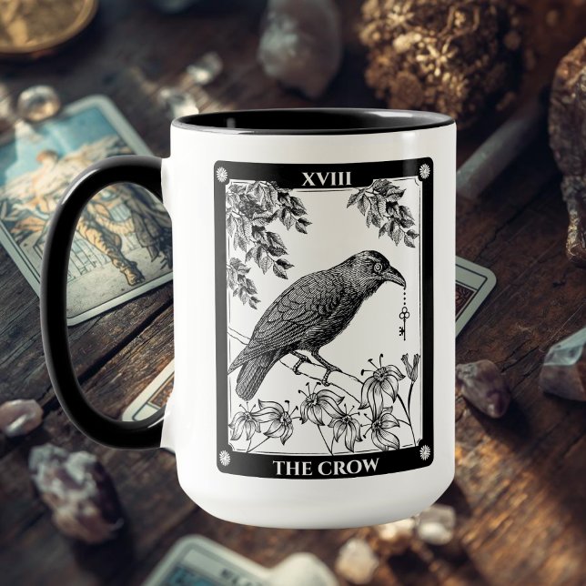 Crow Tarot Card Mug - Xícara e Xícara de Café Míst (Crow Tarot Card Mug Black and White
)