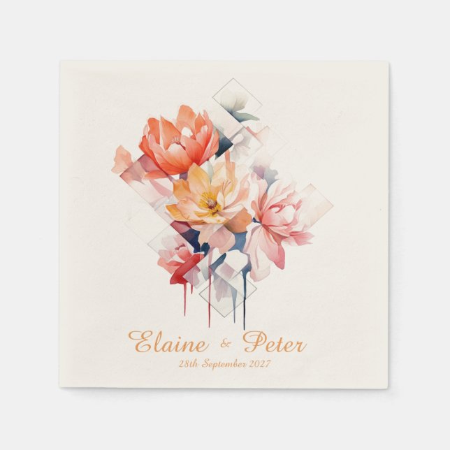 Cubos Amarelos e Flores: Guardanapos de Casamento  (Frente)