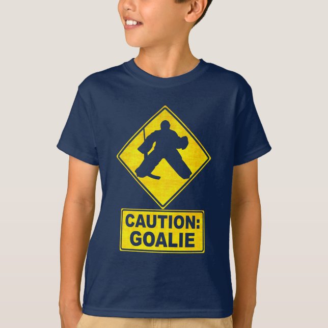 Cuidado: A camiseta dos miúdos do Goalie do hóquei (Frente)