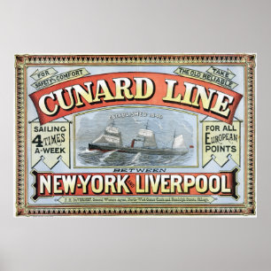 Cunard Line Ad Poster Nova Iorque e Liverpool 1875