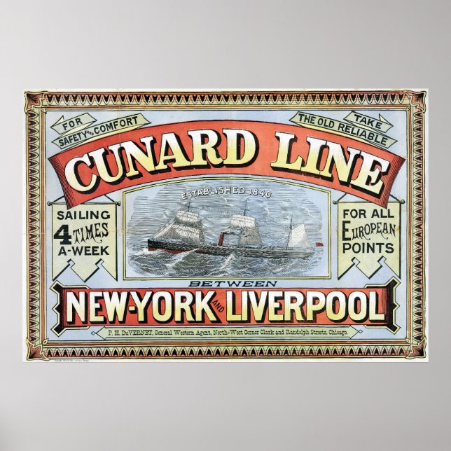 Cunard Line Ad Poster Nova Iorque e Liverpool 1875 (Frente)
