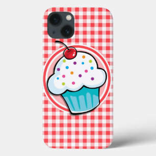 Cupcake bonito em Gingham Branco e Vermelho