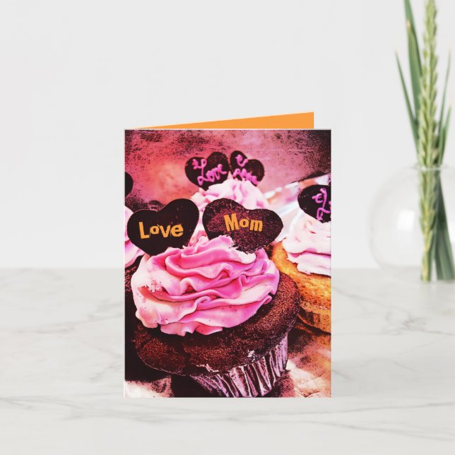Cupcake de dia de as mães Ama a Mãe Cartão Laranja (Frente)