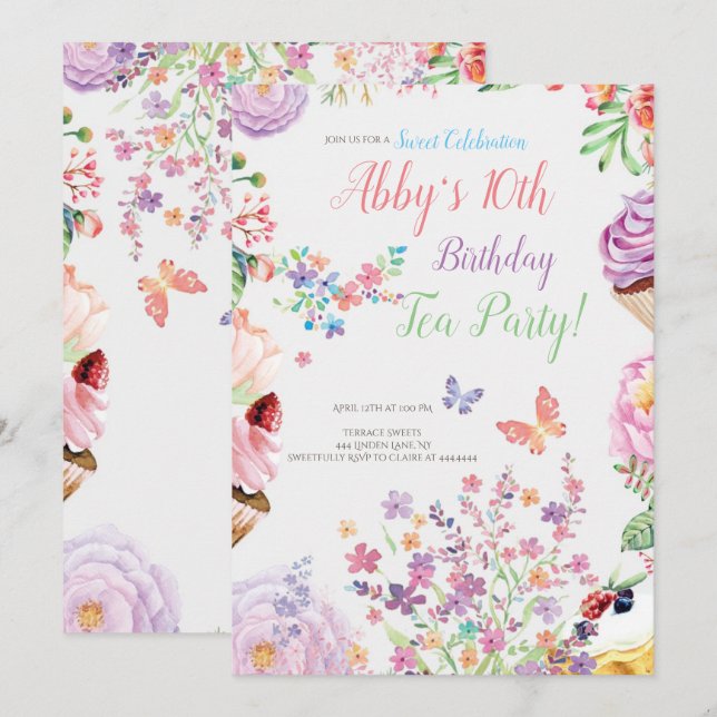 Cupcake Floral Birthday Tea Convite de festas (Frente/Verso)