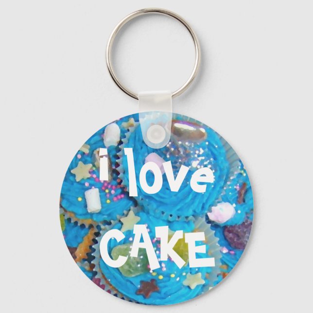 Cupcakes azuis chaveiro 'I love CAKE' (Frente)