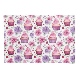 Cupcakes e flores, cor-de-água, rosa e roxas