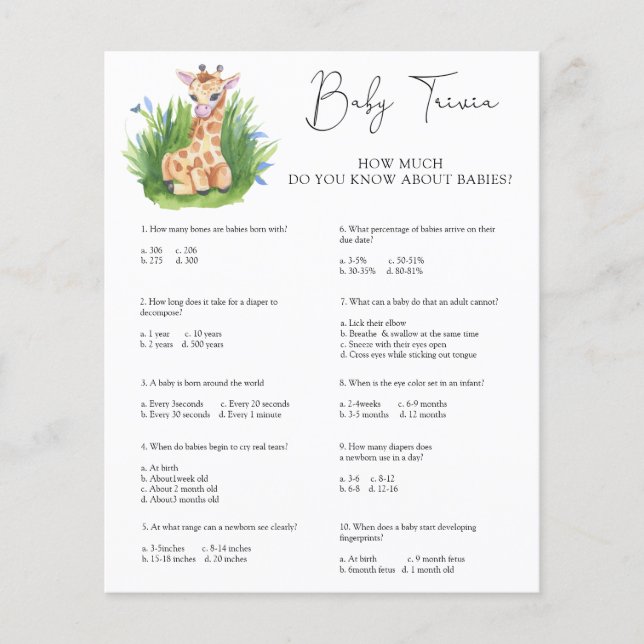 Curiosidades do Bebê Girafa | Jogo de Chá de Bebê (Frente)