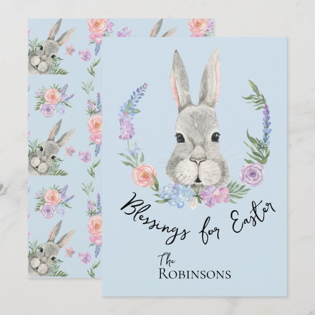 Curioso coelho da Páscoa com coroa floral (Frente/Verso)