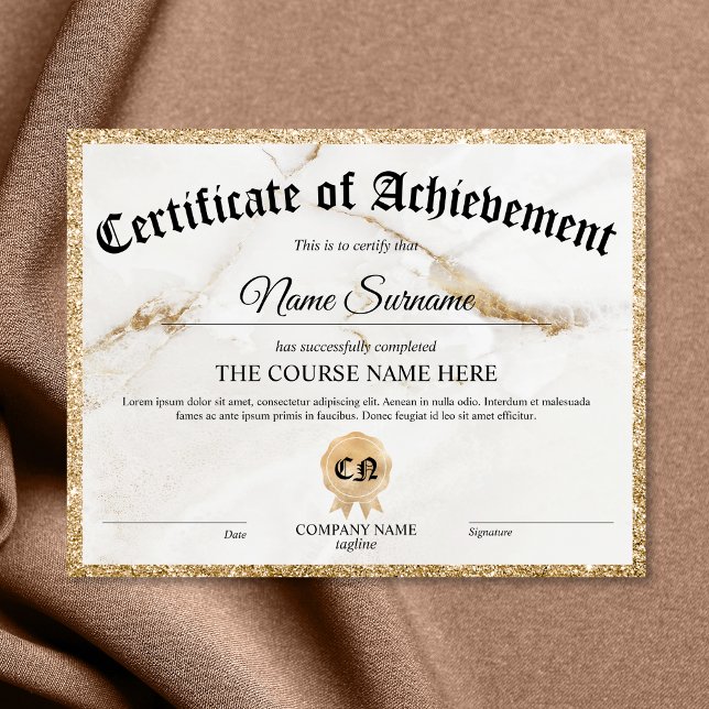 Curso de Prêmio Certificado de Realização (white marble with gold glitter border certificate of achievement)