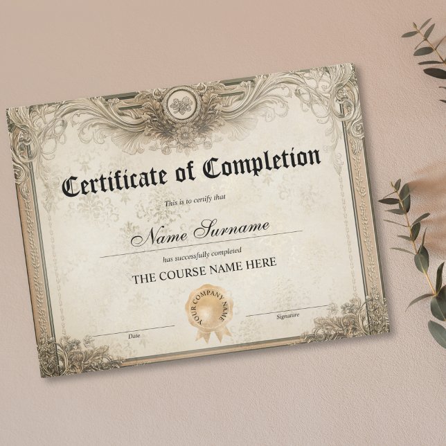 Curso de Prêmio Diploma Certificado de Conclusão (CLASSIC ELEGANT BEIGE GOLD ORNATE CERTIFICATE OF COMPLETION)
