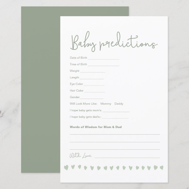 Custom Baby Predictions Baby Shower Game Neutral (Frente/Verso)