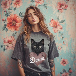 Custom Black Cat Heart T-Shirt – Personalized Name
