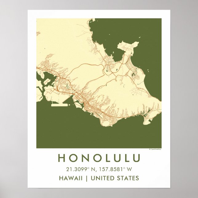 Custom City Map Honolulu Hawaii Wall Art Poster (Frente)