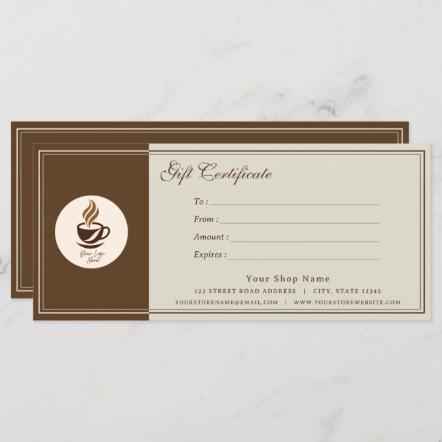 Custom Coffee Shop Gift Certificate | Personalized (Frente/Verso)