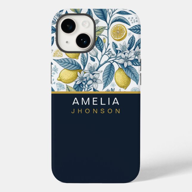 Custom Elegant Mediterranean Lemon Botanical Navy (Verso)