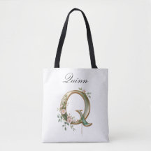 Custom Gold Floral Letter Q All-Over Print Tote