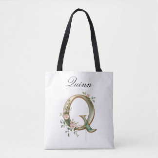 Custom Gold Floral Letter Q All-Over Print Tote